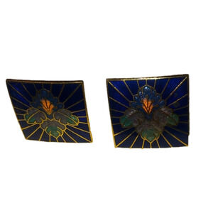 VTG Gold Tone Brass Square Shape Painted Enamel Iris Flower Earrings 1” x 1”